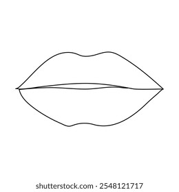  One continuous line drawing of lips with red lipstick. Abstract face portrait of makeup in simple linear style. Symbol icon for posters, cards, banner, template, web. Doodle vector illustration