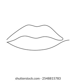 Um desenho de linha contínua de lábios com batom vermelho. Retrato de rosto abstrato da maquiagem em estilo linear simples. Ícone de símbolo para cartazes, cartões, banner, modelo, web. Ilustração de vetor de rabiscar