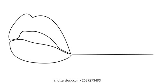 One continuous line drawing of lips. One line vector illustration of lips, Vector lips continuous one line drawing illustration. Female hand drawn mouth linear silhouette icon. Minimal design element