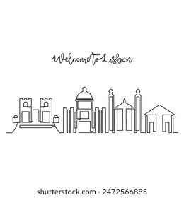 One continuous line drawing of Lisbon skyline vector illustration. Modern city in Europe in simple linear style vector design concept. One big city in Portugal. Iconic architectural building design.