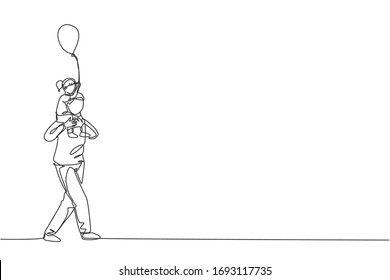 One continuous line drawing of little girl who hold a balloon siting on father's shoulder at night carnival funfair. Happy family parenting concept. Dynamic single line draw design vector illustration