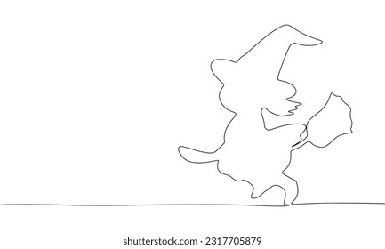 One Continuous line drawing of little witch on a broomstick. Thin curls and romantic symbols in simple linear style. Minimalistic Doodle vector illustration