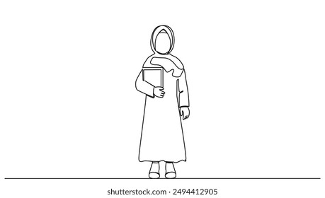 One continuous line drawing of little girl carrying a Qur'an standing up to recite the Quran. Concept illustration of Islamic holy days Ramadan Kareem and Eid al-Fitr one line concept drawing vector	