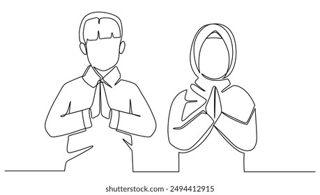 One continuous line drawing of a little Muslim boy and girl celebrating Ramadan and Eid al-Fitr perform the Halal Bihalal gesture concept illustration design vector single line concept drawing	
