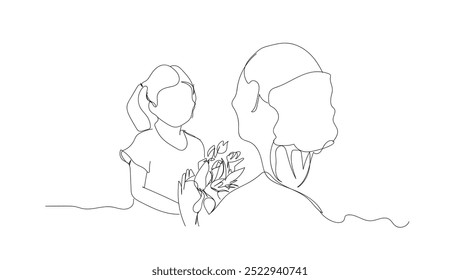 Un dibujo de línea continua de niña dando flores a la madre. Linda y bien educada niña y concepto de familia. Vector hecho a mano, no IA.