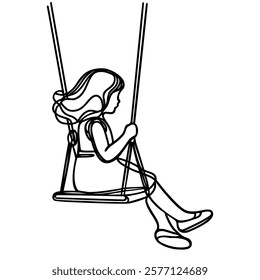 One continuous line drawing of a little girl swinging on a swing Vector illustration. Game theme design concept in simple linear continuous line.