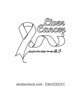One continuous line drawing of liver cancer awareness month with white background. medical design concept in simple linear style. Awareness ribbon design concept vector illustration.