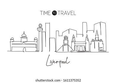 Dibujo continuo de la ciudad de Liverpool. Hermoso rascacielos de la ciudad de Merseyside. El concepto de turismo paisajístico mundial y vacaciones de viaje. Ilustración vectorial de diseño de líneas simples de moda