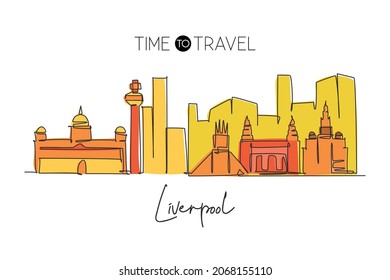 Un trazado de línea continua en el horizonte de la ciudad de Liverpool. Hermoso rascacielos de la ciudad de Merseyside. El concepto de decoración de las paredes de casa de vacaciones en el turismo paisajístico mundial. Ilustración vectorial de diseño de líneas simples