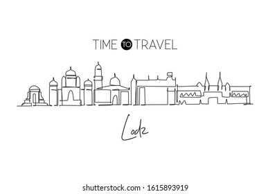 One continuous line drawing of Lodz city skyline, Poland. Beautiful skyscraper. World landscape tourism travel home wall decor poster print concept. Stylish single line draw design vector illustration