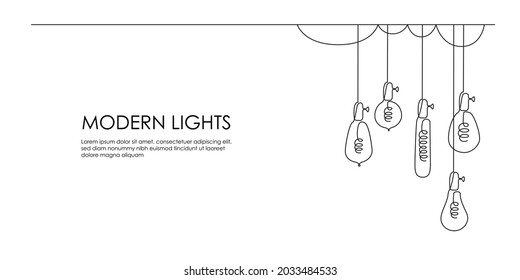 One continuous line drawing of Loft lightbulbs. Horizontal Vector illustration of Hanging modern pendant lamps with Edison bulbs in linear style - Shutterstock ID 2033484533
