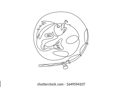 One continuous line drawing of logo symbol icon fishing competition and tournament. Fisherman leisure hobby vacation concept. Dynamic single line draw graphic design vector illustration
