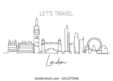 One continuous line drawing London city skyline  Beautiful city skyscraper  World landscape tourism travel vacation home wall decor poster print concept  Single line draw design vector illustration