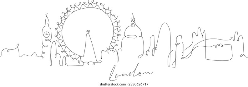 One continuous line drawing of London city skyline on white background. home wall decor poster print concept.One line draw design vector illustration