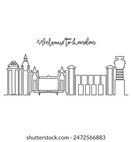 One continuous line drawing of London skyline vector illustration. Modern city in Europe in simple linear style vector design concept. One of big city in England. Iconic architectural building design.