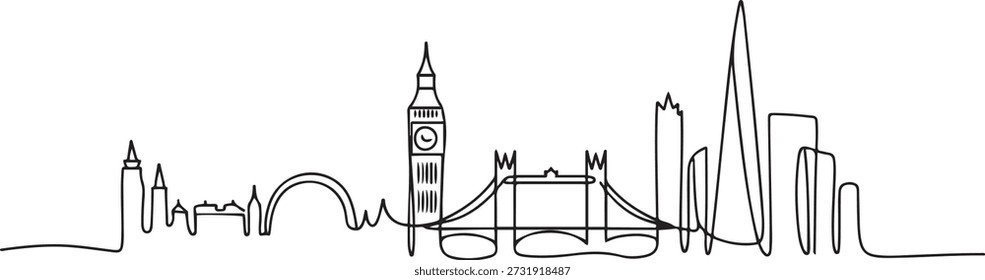 Un dibujo de línea continua del horizonte de la ciudad de Londres. Hermoso rascacielos de la ciudad. Concepto de impresión de póster de decoración de pared de vacaciones de turismo de paisaje mundial. dibujo de icono de una línea

