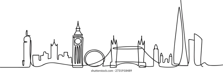 Un dibujo de línea continua del horizonte de la ciudad de Londres. Hermoso rascacielos de la ciudad. Concepto de impresión de póster de decoración de pared de vacaciones de turismo de paisaje mundial. dibujo de icono de una línea
