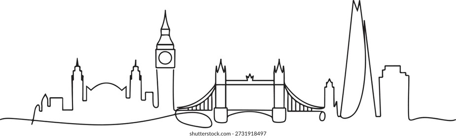 Un dibujo de línea continua del horizonte de la ciudad de Londres. Hermoso rascacielos de la ciudad. Concepto de impresión de póster de decoración de pared de vacaciones de turismo de paisaje mundial. dibujo de icono de una línea
