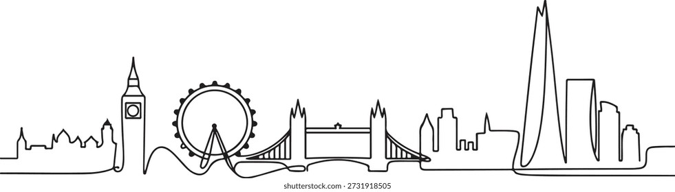 Un dibujo de línea continua del horizonte de la ciudad de Londres. Hermoso rascacielos de la ciudad. Concepto de impresión de póster de decoración de pared de vacaciones de turismo de paisaje mundial. dibujo de icono de una línea
