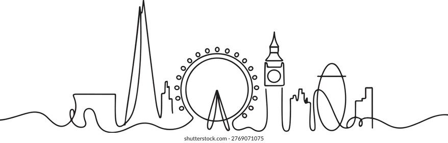 One continuous line drawing of London city skyline. Beautiful city skyscraper. World landscape tourism travel vacation home wall decor poster print concept. one line Icon drawing
