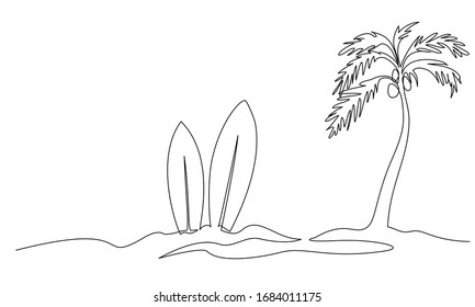 One continuous line drawing. Long surfboard standing up in sand of beach. Vector illustration