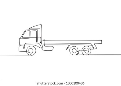 One continuous line drawing of long trailer truck for logistic delivery, commercial vehicle. Heavy construction trucks equipment concept. Dynamic single line draw design vector graphic illustration