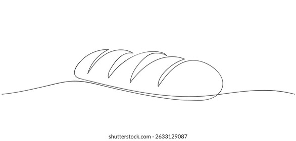 One continuous line drawing of long loaf bread. Simple black line sketch of French baguette, bakery and cafe concept good for logo. Doodle illustration.