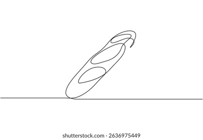 One continuous line drawing of long loaf bread. Simple black line sketch of French baguette, Bakery pastry products continuous one line illustration. Editable stroke.