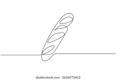 One continuous line drawing of long loaf bread. Simple black line sketch of French baguette, Bakery pastry products continuous one line illustration. Editable stroke.