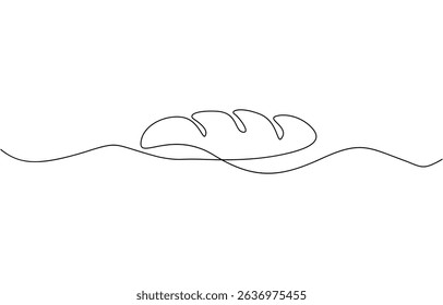 One continuous line drawing of long loaf bread. Simple black line sketch of French baguette, Bakery pastry products continuous one line illustration. Editable stroke.