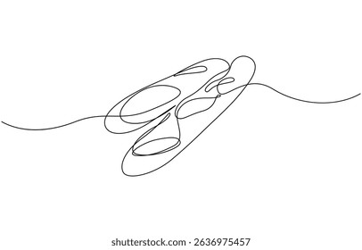 One continuous line drawing of long loaf bread. Simple black line sketch of French baguette, Bakery pastry products continuous one line illustration. Editable stroke.