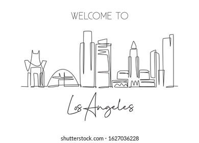 One continuous line drawing of Los Angeles city skyline, United States of America. Beautiful landmark. World travel vacation poster. Editable stylish stroke single line draw design vector illustration