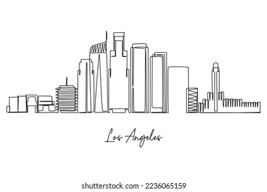 one continuous line drawing of Los Angeles city skyline. World Famous tourism destination. Simple hand drawn style design for travel and tourism promotion campaign