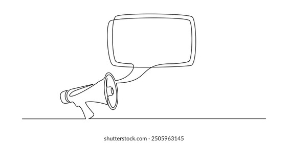 One continuous line drawing of loudspeaker bullhorn with speech balloon. Megaphone speaker symbol of marketing promotion in simple linear style. Hiring and job offer concept. Vector illustration