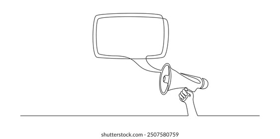 Eine durchgehende Linienzeichnung von Lautsprecher-Bullhorn mit Sprechballon. Megaphon-Lautsprecher-Symbol der Marketing-Förderung in einfachen linearen Stil. Jobangebotskonzept editierbarer Strich. Vektorgrafik