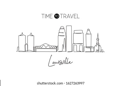 One continuous line drawing Louisville city skyline, Kentucky. Beautiful landmark. World landscape tourism travel vacation poster. Editable stylish stroke single line draw design vector illustration