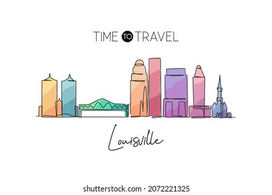 One continuous line drawing Louisville city skyline, Kentucky. Beautiful landmark. World landscape tourism travel vacation poster. Editable stylish stroke single line draw design vector illustration