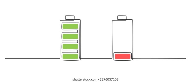 One continuous line drawing of low and full charge battery. Mental health concept symbol and electricity energy type sign in simple linear style. Editable stroke. Doodle vector illustration