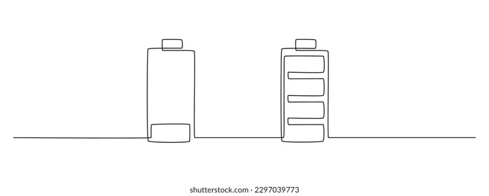 One continuous line drawing of low and full charge battery. Mental health concept symbol and electricity energy type sign in simple linear style. Editable stroke. Outline vector illustration