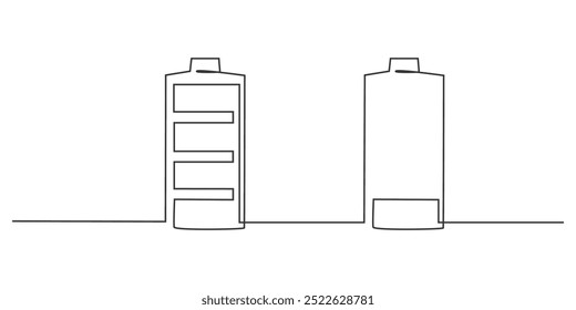 One continuous line drawing of low and full charge battery. Mental health concept symbol and electricity energy type sign in simple linear style. Editable stroke EPS 10