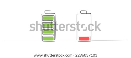 One continuous line drawing of low and full charge battery. Mental health concept symbol and electricity energy type sign in simple linear style. Editable stroke. Doodle vector illustration