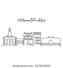 One continuous line drawing of Lublin skyline vector illustration. Modern city in Europe in simple linear style vector design concept. One of big city in Poland. Iconic architectural building design.