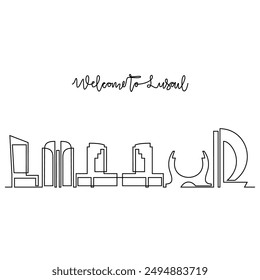 Eine durchgehende Linienzeichnung der Lusail Skyline-Vektorillustration. Moderne Stadt in Katar im schlichten linearen Stil Vektorgrafik Design Konzept. Großstadt in Katar. Ikonisches architektonisches Skyline-Gebäude.