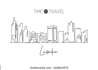 One continuous line drawing of Lusaka skyline, Zambia. Beautiful city landmark. World landscape tourism and travel postcard print. Editable stylish stroke single line draw design vector illustration