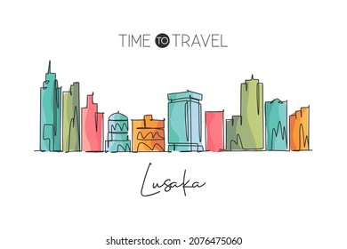 One continuous line drawing of Lusaka skyline, Zambia. Beautiful city landmark. World landscape tourism and travel postcard print. Editable stylish stroke single line draw design vector illustration