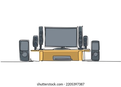 One continuous line drawing of luxury home theater home entertainment. Electricity living room furniture gadget template concept. Trendy single line draw design vector graphic illustration