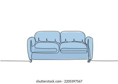 One continuous line drawing of luxury leather sofa home appliance. Comfy couch for living room furniture household template concept. Trendy single line draw design vector graphic illustration