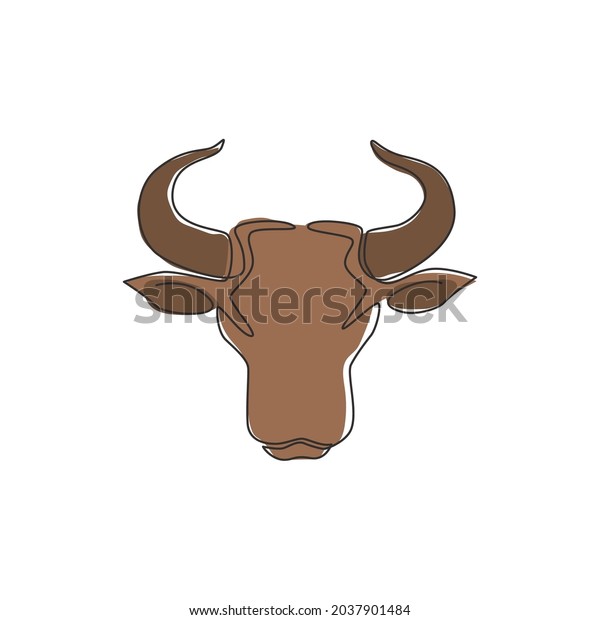 One continuous line drawing of luxury head
buffalo for multinational company logo identity. Luxury bull mascot
concept for energy drink. Dynamic single line draw vector graphic
design illustration