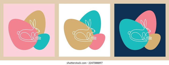 One continuous line drawing of a lying bunny against a background of colorful Easter eggs