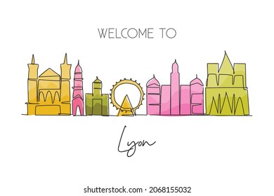 One continuous line drawing of Lyon city skyline, France. Beautiful skyscraper. World landscape tourism travel vacation wall decor poster concept. Stylish single line draw design vector illustration